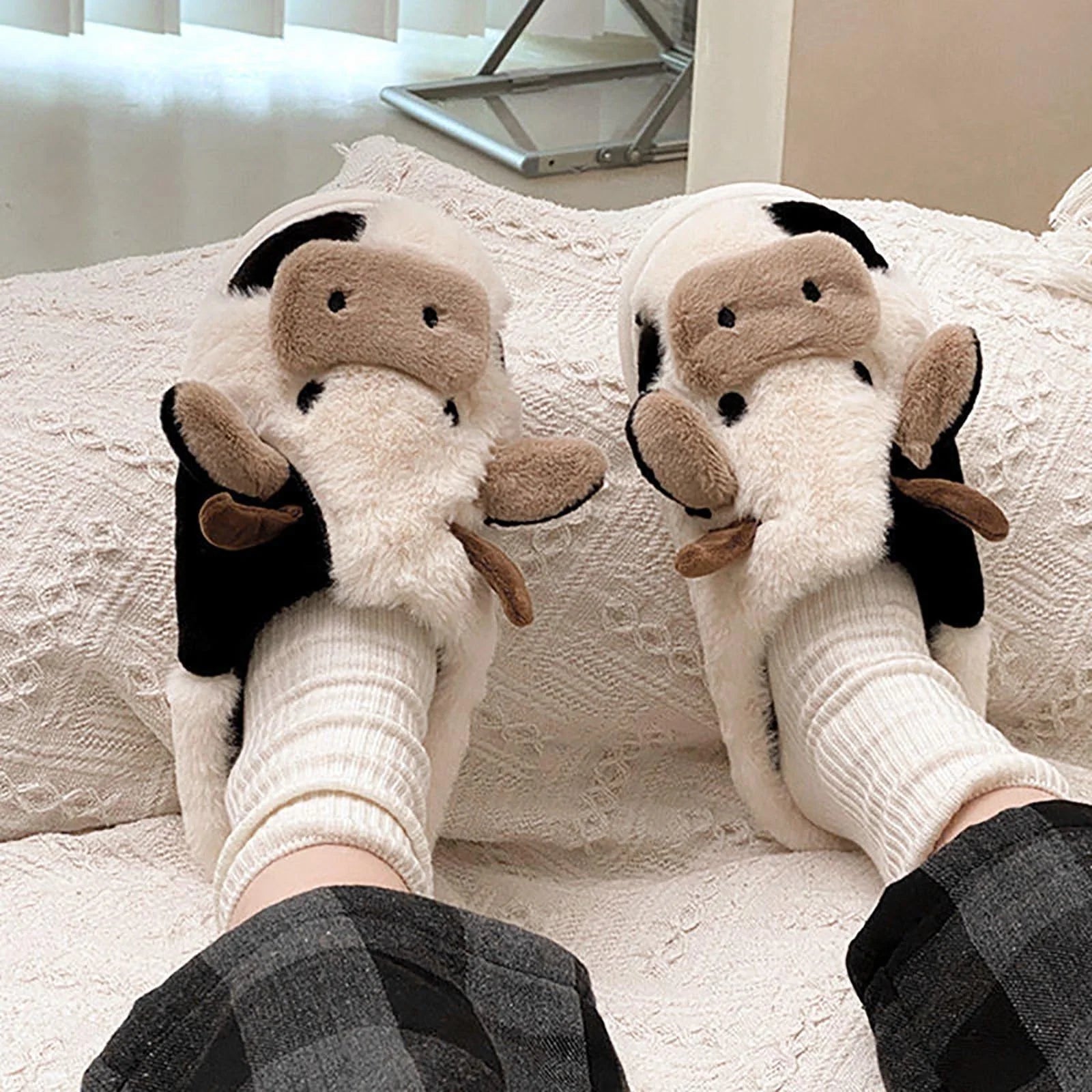 Womens Booties and Ankle Boots- Cartoon Cow Cotton Slippers Winter Indoor Outdoor Slippers White 36