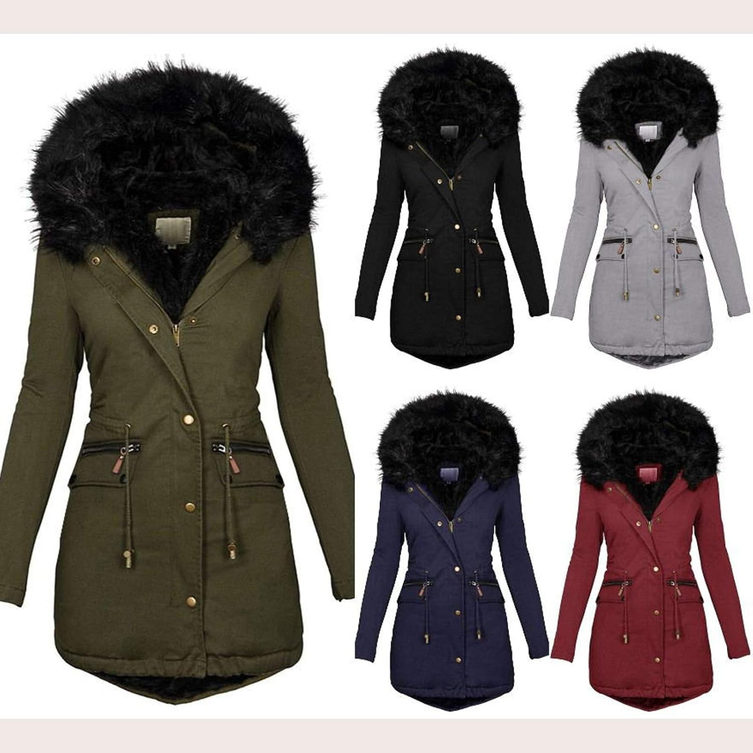 Women'S Winter Thick Coats plus Size Puffer Jacket Casual Velvet Warm Outwear Fleeced Lined Parka with Fur Hood