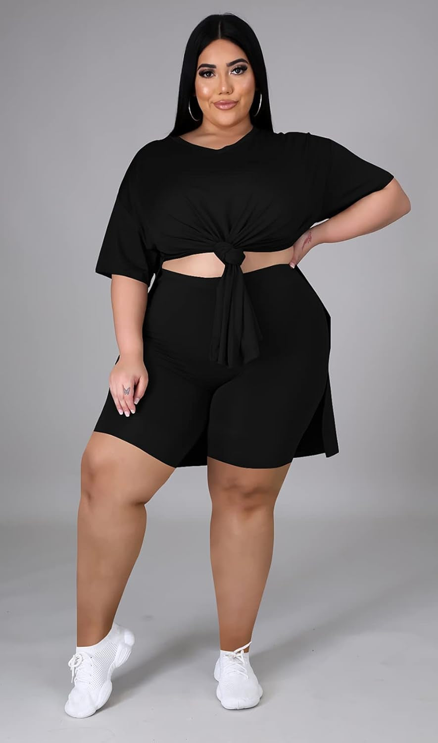 Plus Size Short Sets Women 2 Piece Outfits Side Split Short Sleeve Oversize Tunics T Shirt Bodycon Casual Sweatsuit Loungewear Set