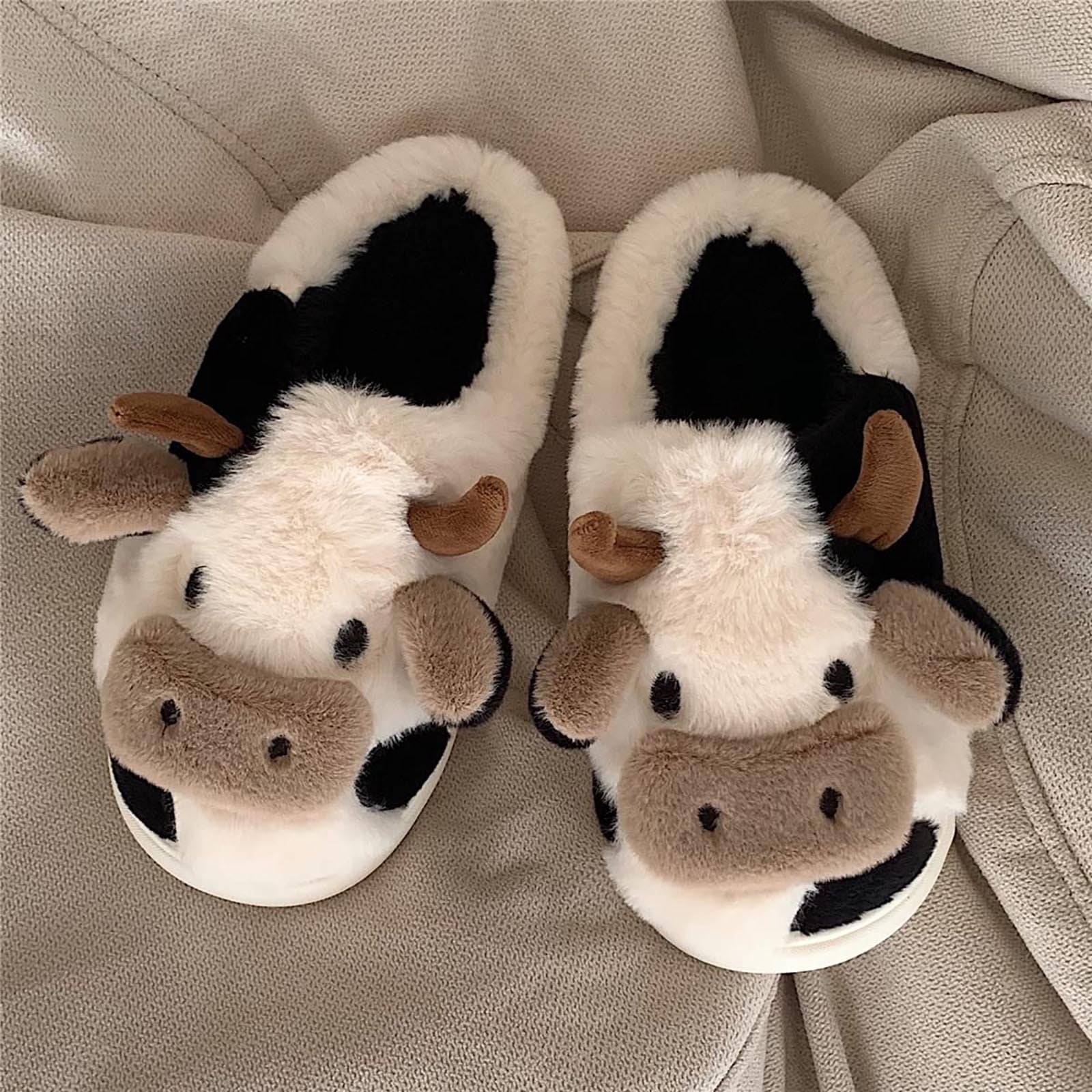 Womens Booties and Ankle Boots- Cartoon Cow Cotton Slippers Winter Indoor Outdoor Slippers White 36