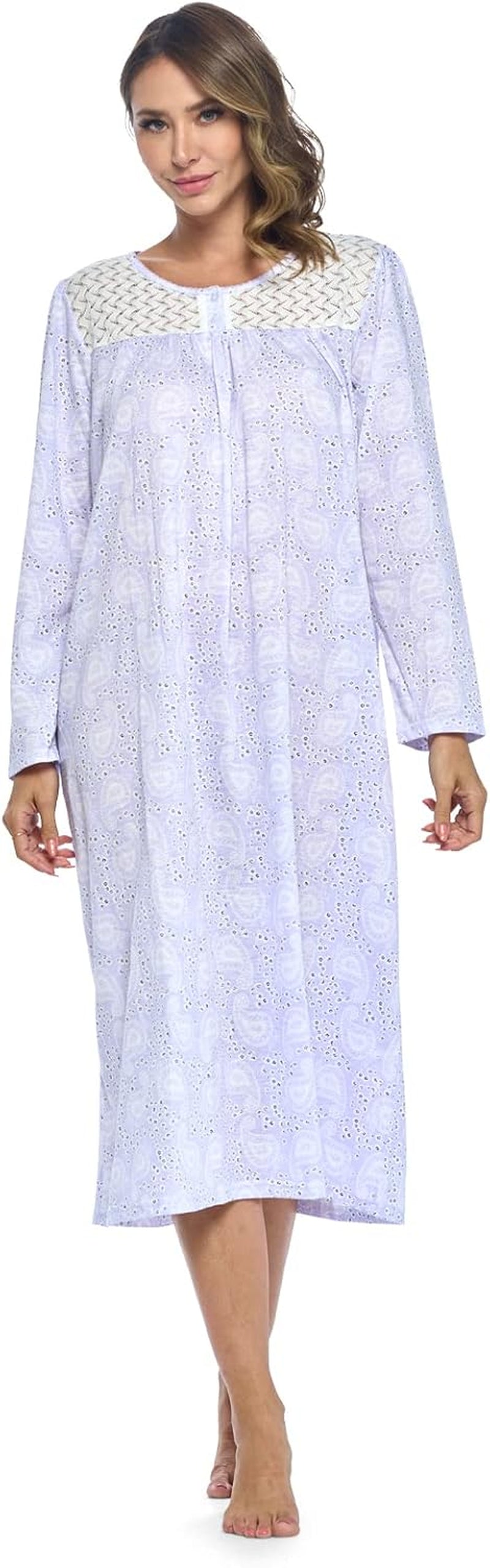 Women'S Floral Long Sleeve Sleep Dress Full Length Henley Nightgown