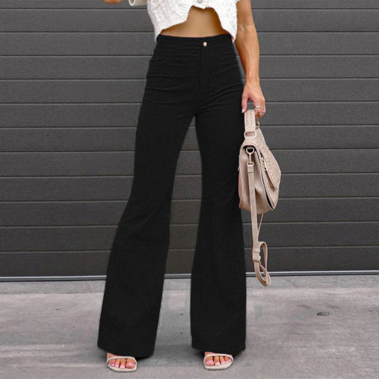 Women's spring new solid color corduroy casual pants high waist temperament micro cropped pants long button