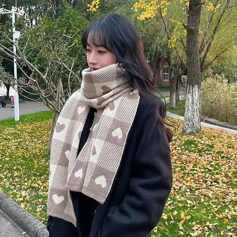 Knitted Scarf Love Heart Scarf Black White Plaid Scarf Thickened Warm Winter Women'S Scarves Christmas New Year Gifts Black