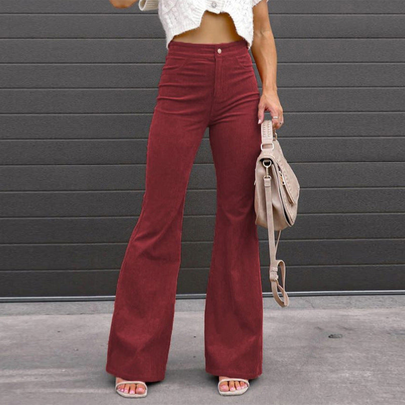 Women's spring new solid color corduroy casual pants high waist temperament micro cropped pants long button