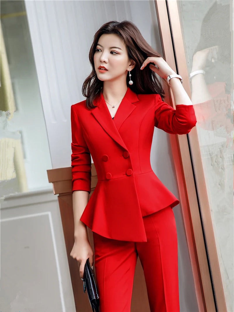 Women Red Blazer Slim Spring Autumn New Elegant Office Lady Work Suit Ruffled Double Breasted Blazer Solid