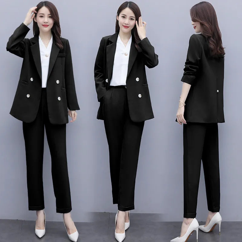 Spring Autumn Women'S Suits New Solid Korean Blazer Jacket Coat and Trousers Two Piece Female Office Suit Pants Set Clothes 2XL