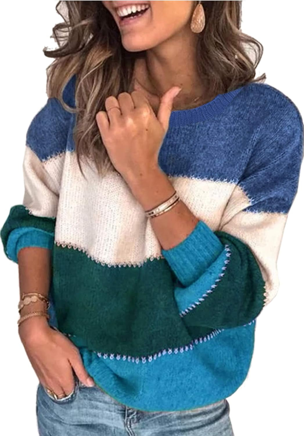 Women'S Sweaters Casual Long Sleeve Crewneck Color Block Patchwork Pullover Knit Sweater Tops