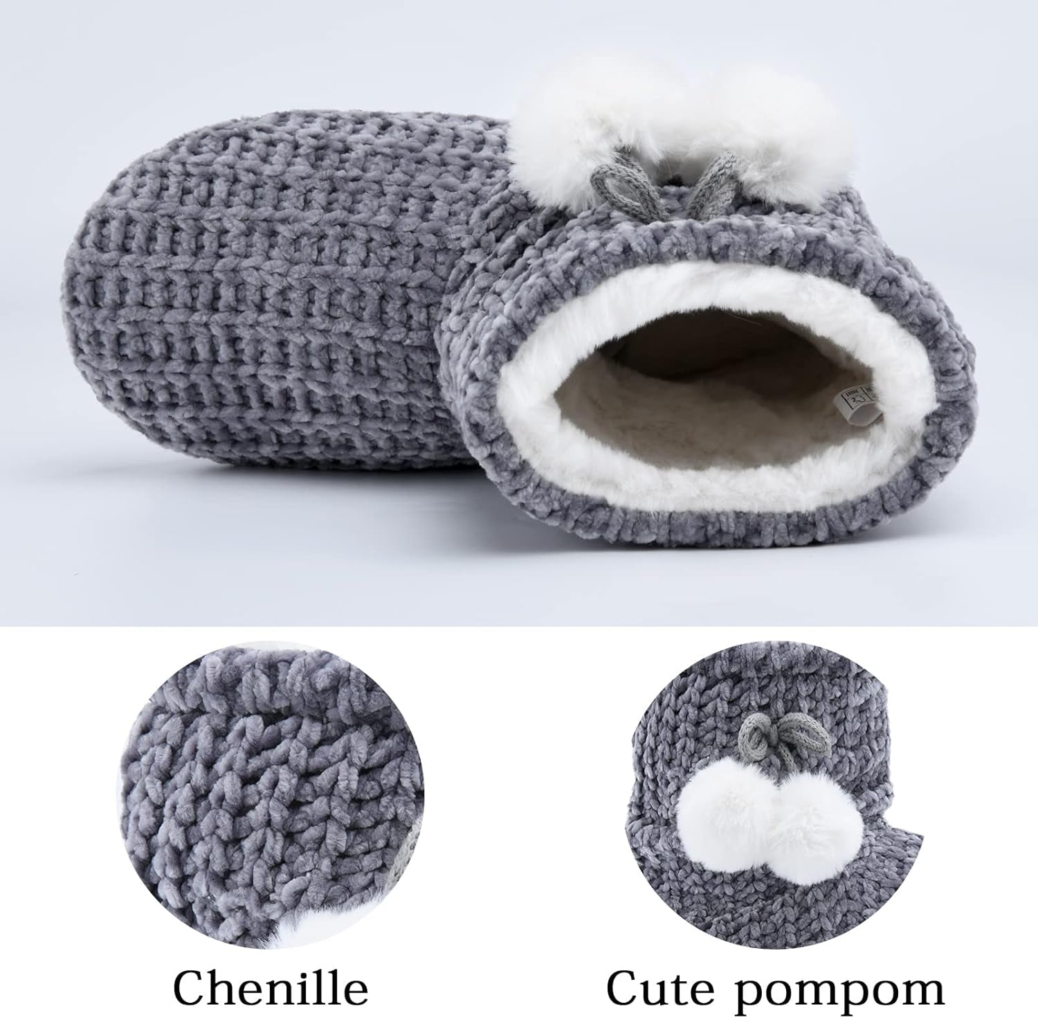 Chenille Knit Womens Bootie Slippers with Cute Pom Pom,Comfy Winter Warm Plush Lining House Shoes,Indoor Boot Slippers for Women