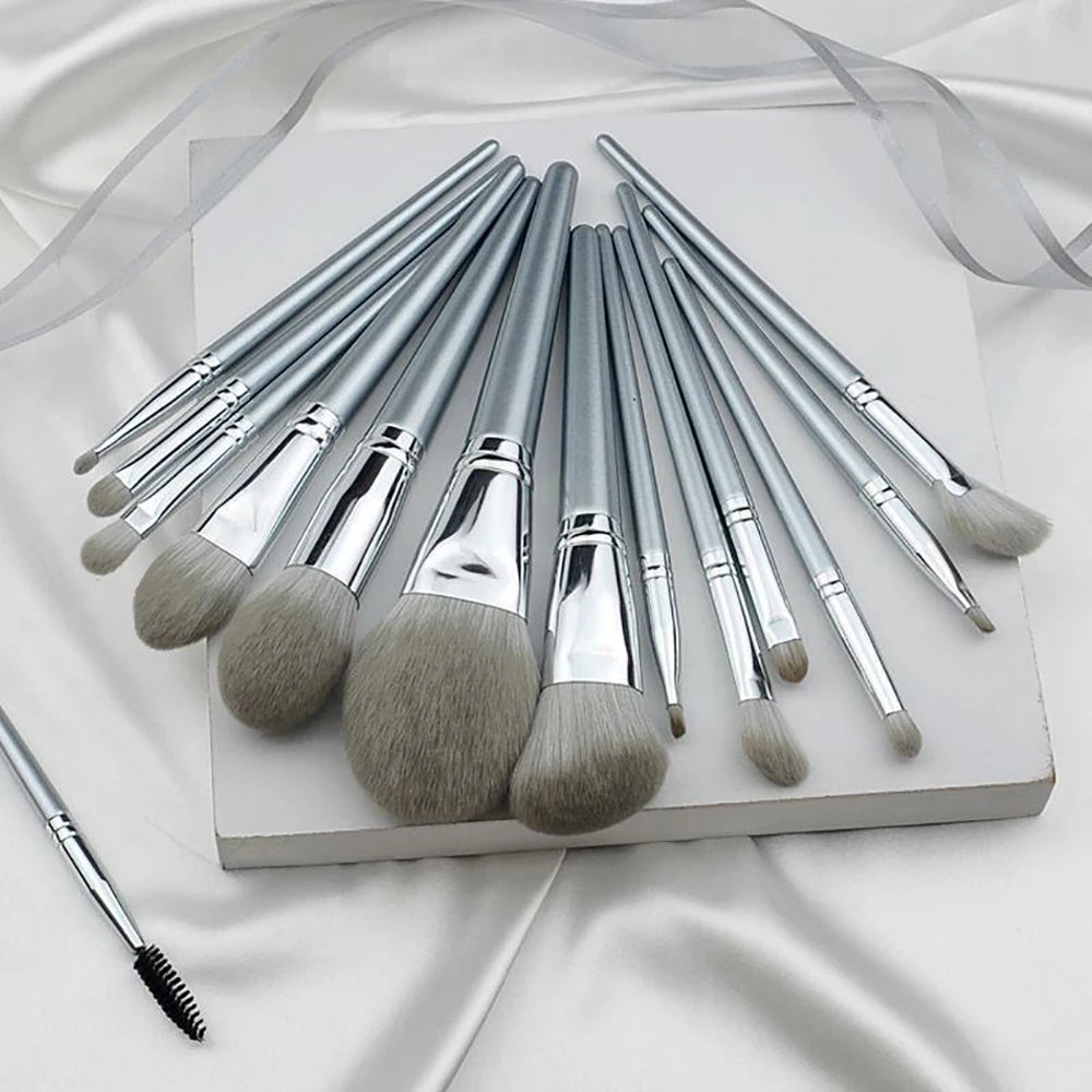 14Pcs Silver Makeup Brushes Set Powder Grey Blush Concealer Foundation Eyeshadow Eyeliner Eye Cosmetics Face Beauty Tools