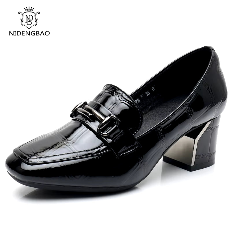 New Elegant Style Vintag Big Size 43 Chunky Heels Women'S Slip-On Loafers Office Lady High Heeled Genuine Leather Women'S Shoes