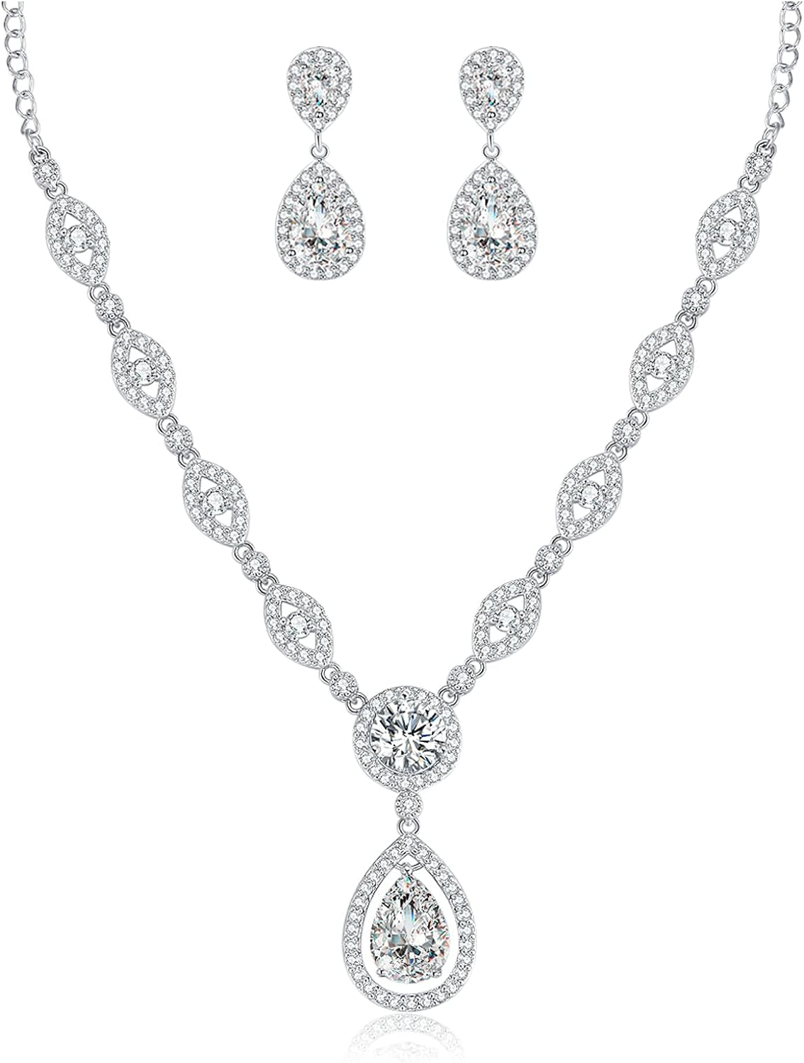 AAA Cubic Zirconia CZ Silver Plated Base Women'S Party Jewelry Set Earrings Pendant Necklace