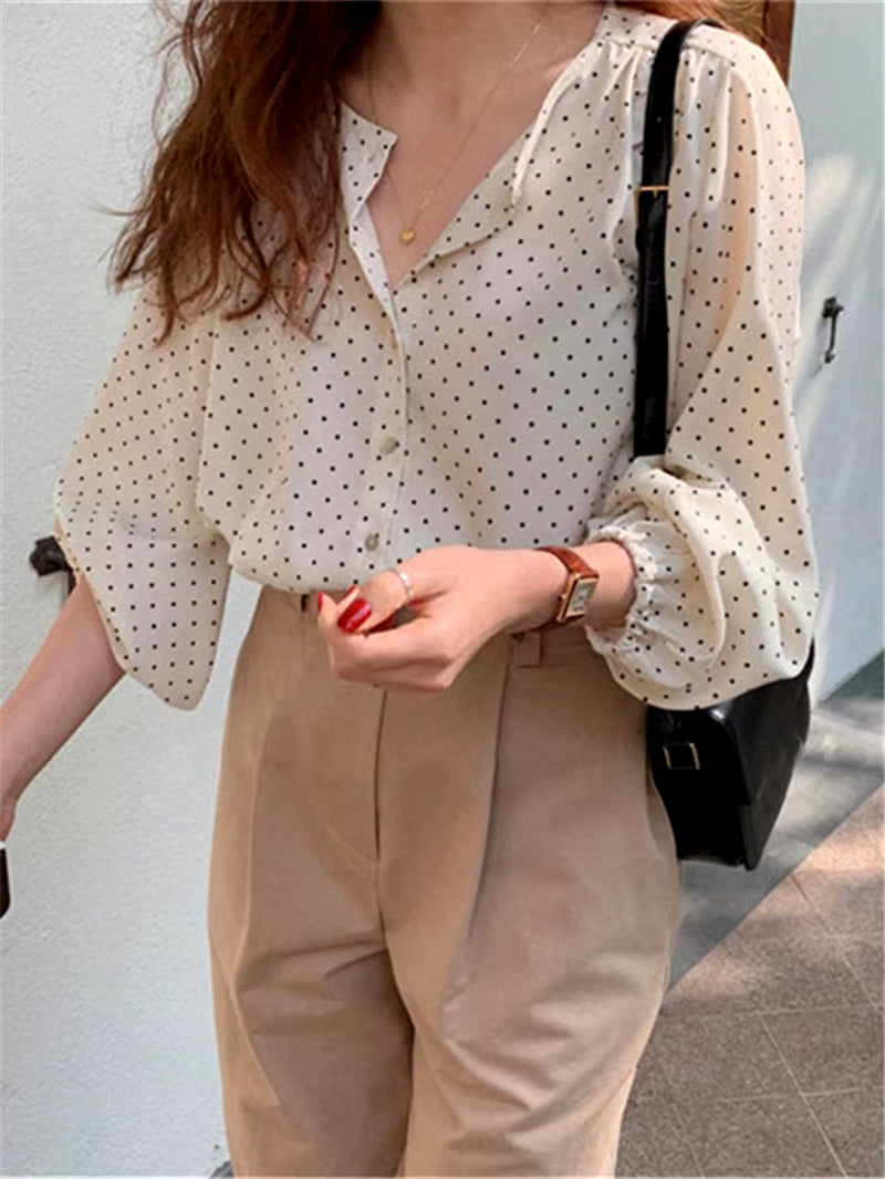 BL3061 New 2023 Fashionable Elegant Office Lady Buttons Oversize Dot Korean Style Wild Spring Summer Women'S Blouses Shirts Tops