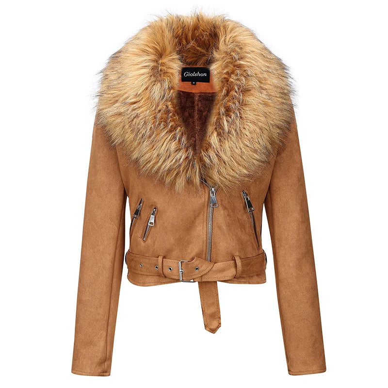 Spring Winter Women Thick Warm Faux Suede Leather Jacket Short Coat with Belt Detachable Faux Fur Collar Jacket Outwear