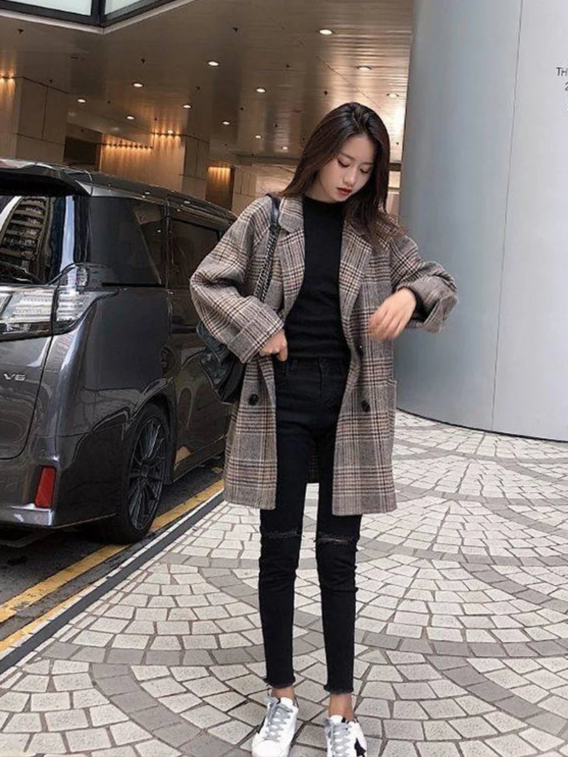 Loose Plaid Woolen Coat for Women Fashion Lapel Slim Women'S Jackets 2020 Korean Women'S Autumn Coat Woman Clothing