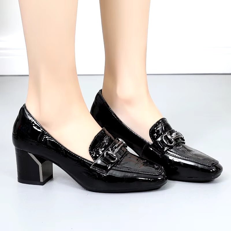 New Elegant Style Vintag Big Size 43 Chunky Heels Women'S Slip-On Loafers Office Lady High Heeled Genuine Leather Women'S Shoes