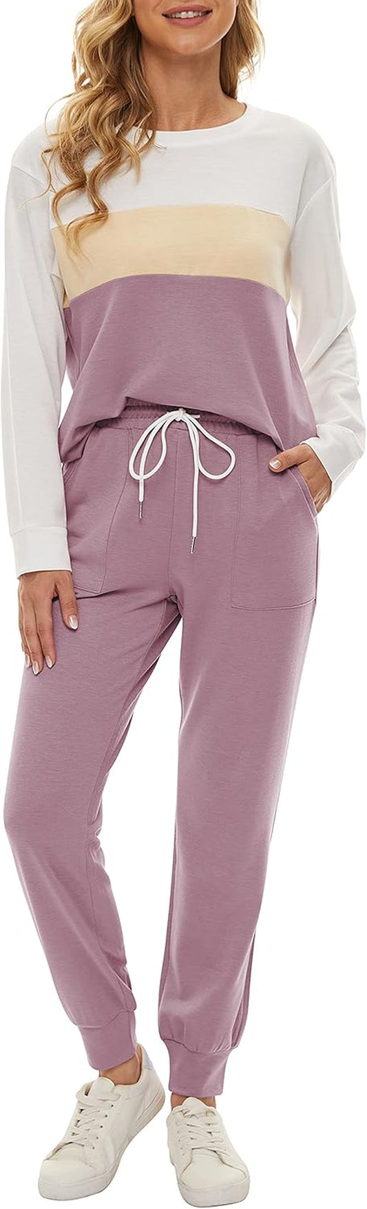 Two Piece Outfits for Women,Long Sleeve Crewneck Pullover Tops and Pants Sweatsuits Lounge Set with Pockets