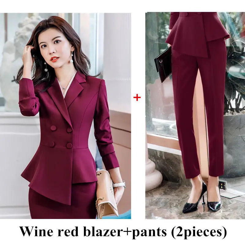 Women Red Blazer Slim Spring Autumn New Elegant Office Lady Work Suit Ruffled Double Breasted Blazer Solid