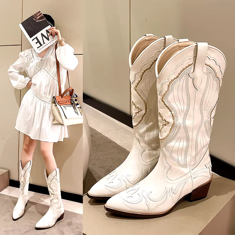 Women'S Boots Retro Autumn Winter White Knee High Boots Big Size 41 Women Comfy Walking Female Western Cowboy Boot Women'S Shoes