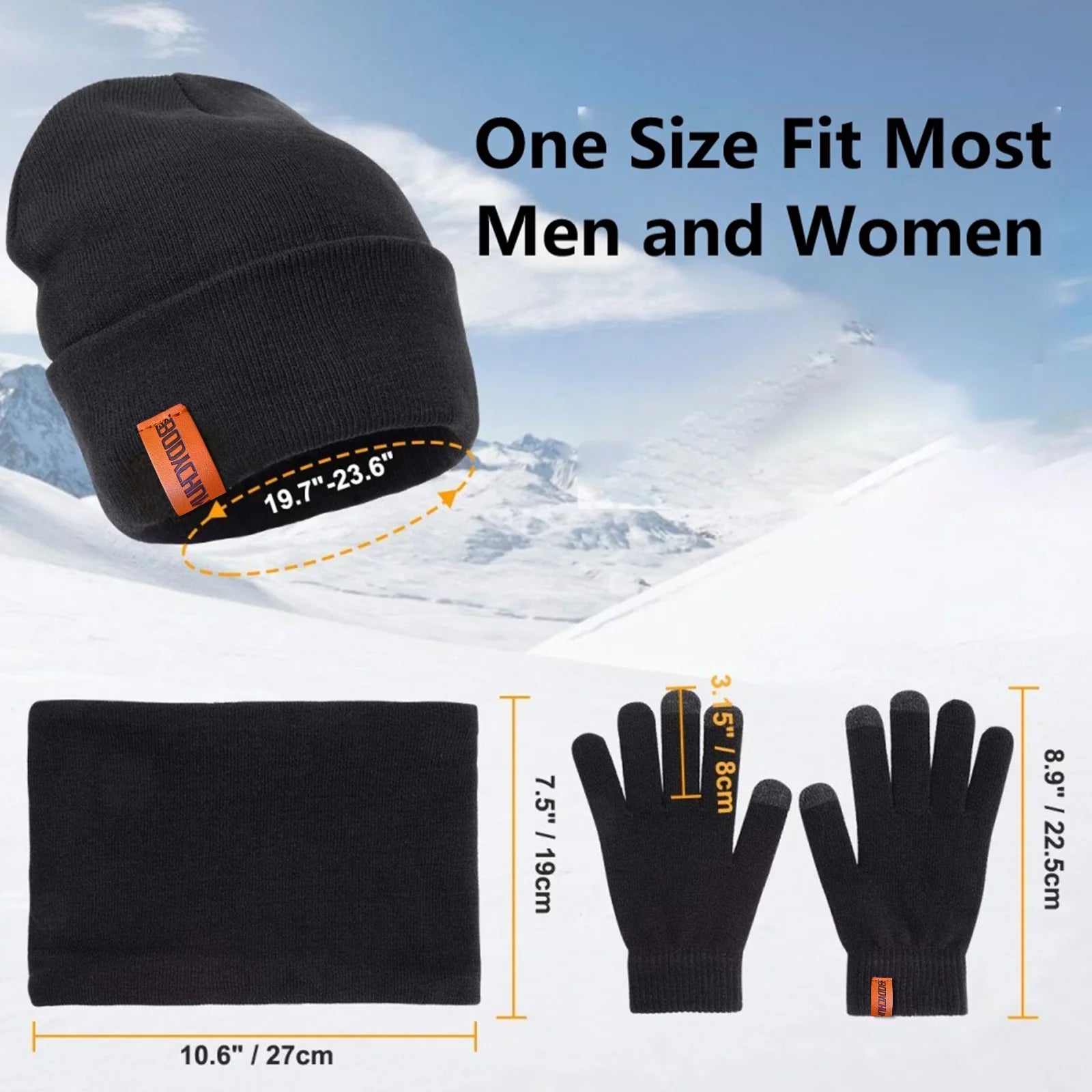 Beanie Hat Scarf Touchscreen Gloves Set for Men Women, Knitted Gloves Neck Warmer with Warm Fleece Lined for Winter Outdoor Skiing Cycling, Black, Christmas Day Gifts