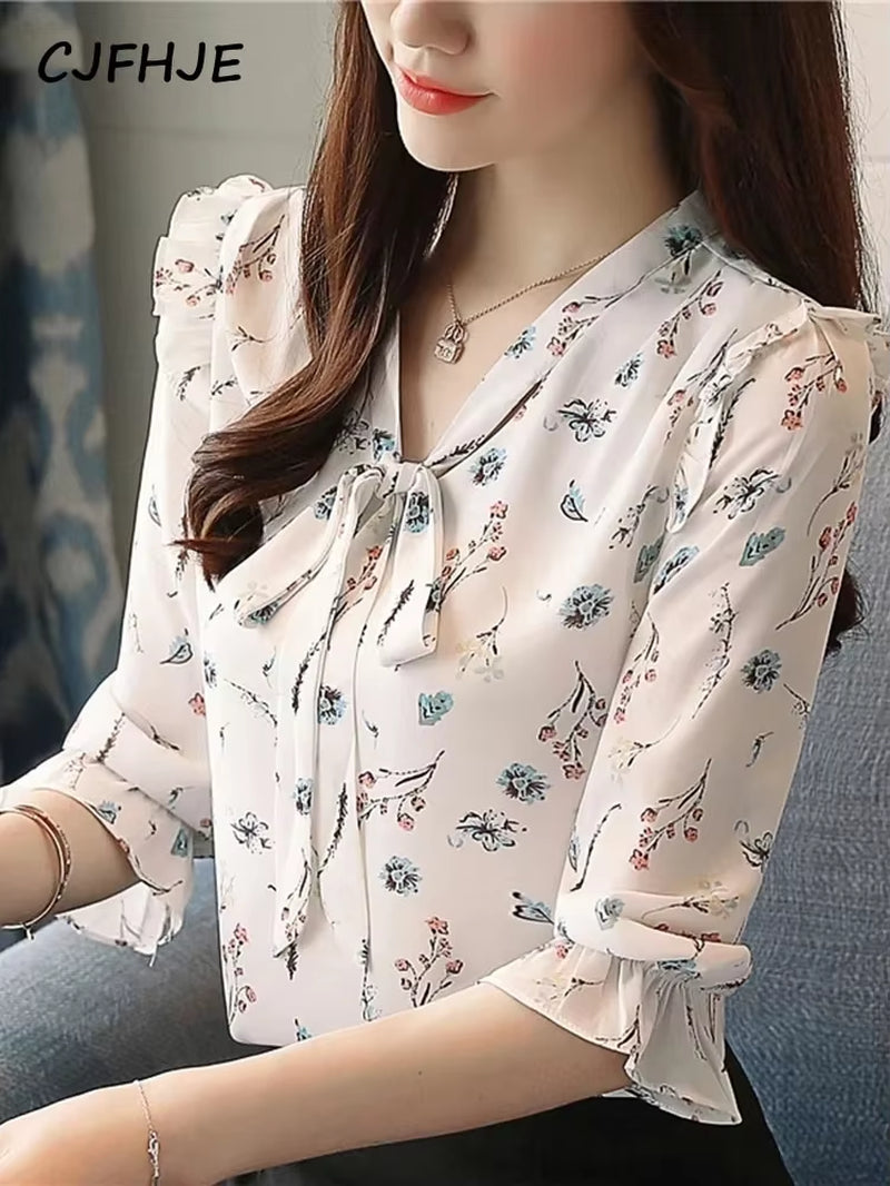 Autumn Three Quarter Women'S Blouses Print Floral Chic Chiffon Shirts Casual Lace up Female Blusas Ladies Top S-XXL