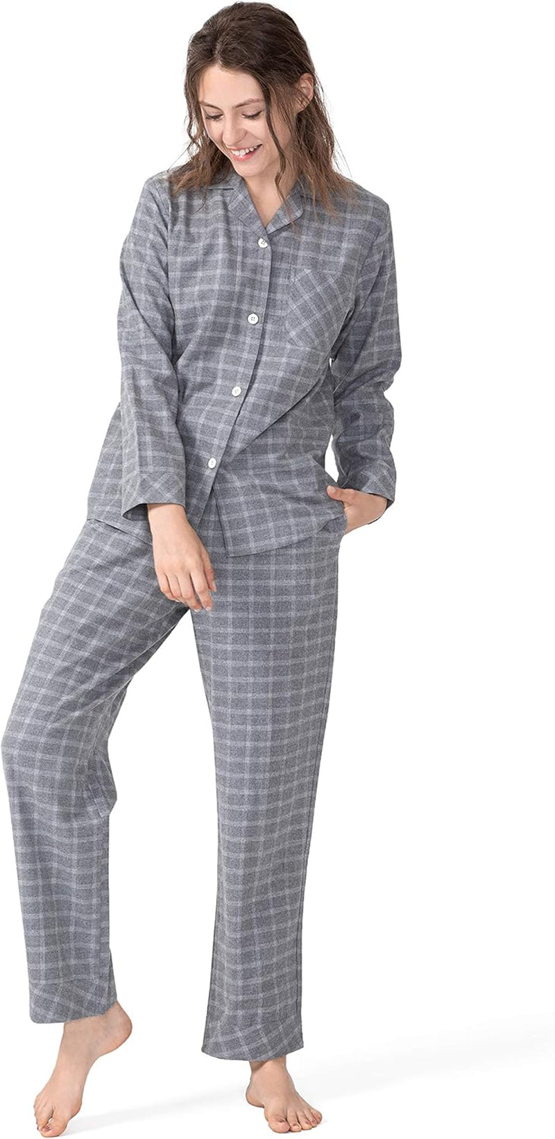 Women Cotton Pajamas Set with Flat Collar Long Sleeve Soft Ladies Pjs with Chest Pocket Tencel Rayon Sleepwear S-XL