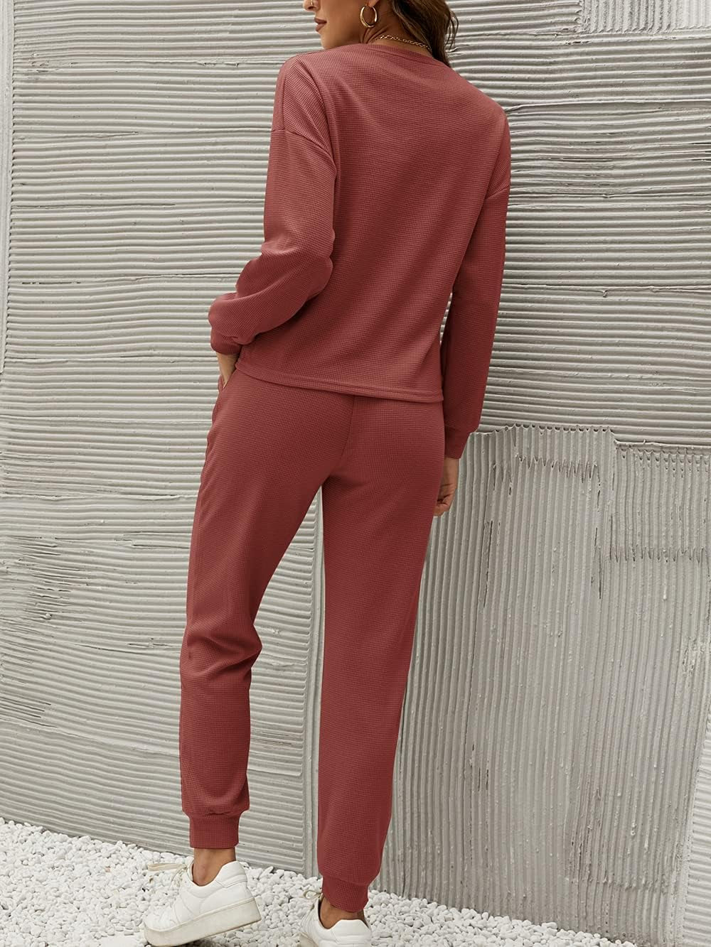 Women'S Waffle Knit 2 Piece Outfit Long Sleeve Loungewear Soft Pajama Set Pullover Top with Pants Sweatsuit Casual Sleepwear Red