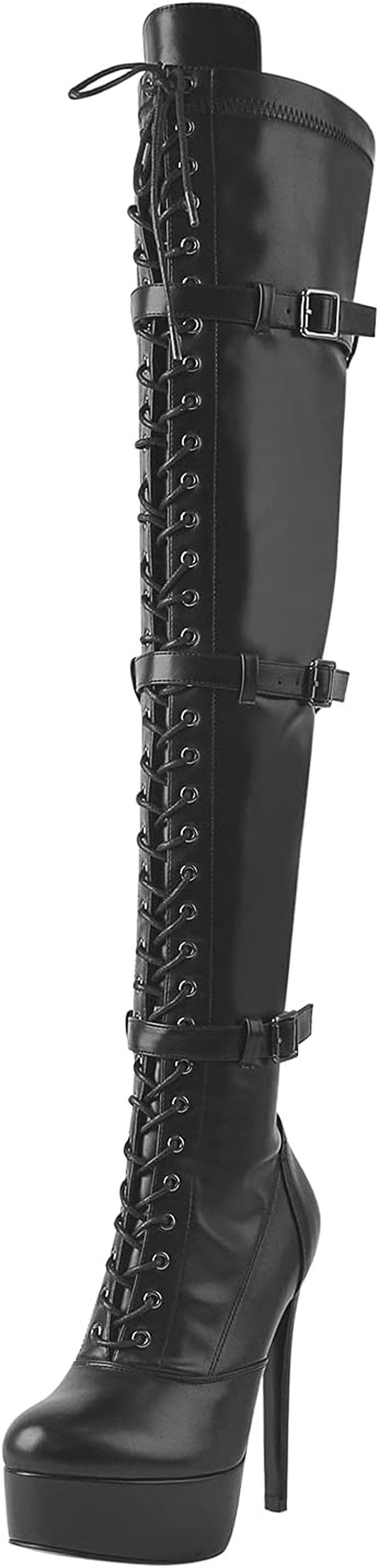 Women'S Stiletto Platform Thigh High Booties Close Toe Side Zippers and Front Lace up PU Leather Buckle Belts Grommets Boots for Cosplay Parties Black Shoes Size 11