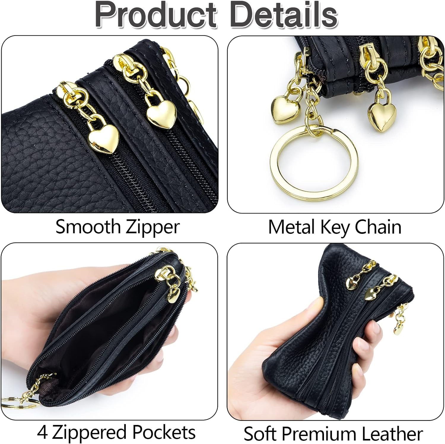 Leather Coin Keychain Purse for Women, Small Change Purse for Coins, Coin Pouch Wallet with 4 Zippered Pockets (Black)