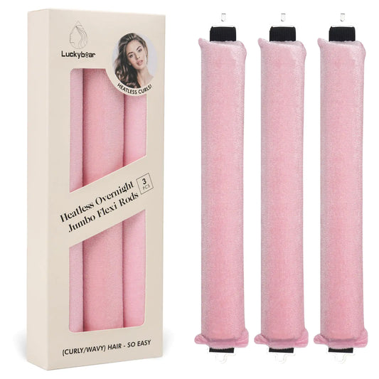 Luckybear Jumbo Heatless Hair Curler, 3pcs Pink Satin Flexi Rods - Heatless Curls, Soft Velvet Overnight Sleeping Curls Styling Tools for All Hair Types