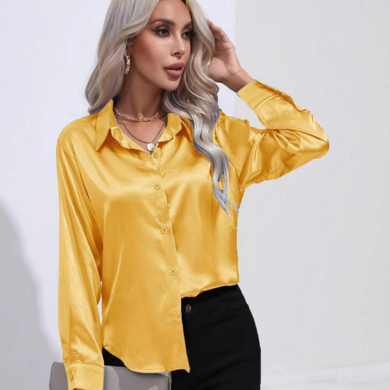 Long Sleeve Button-Down Satin Blouse