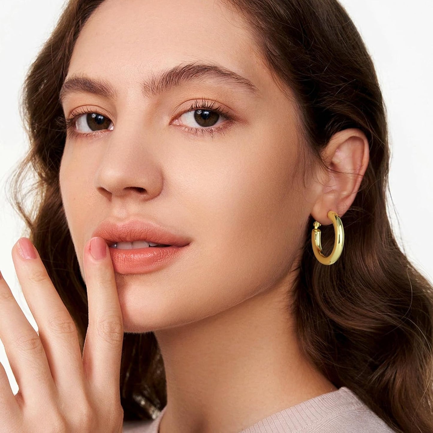 Chunky Gold Hoop Earrings, 14K Gold Plated Chunky Tube Hoop Earrings for Women Lightweight Thick Hoops