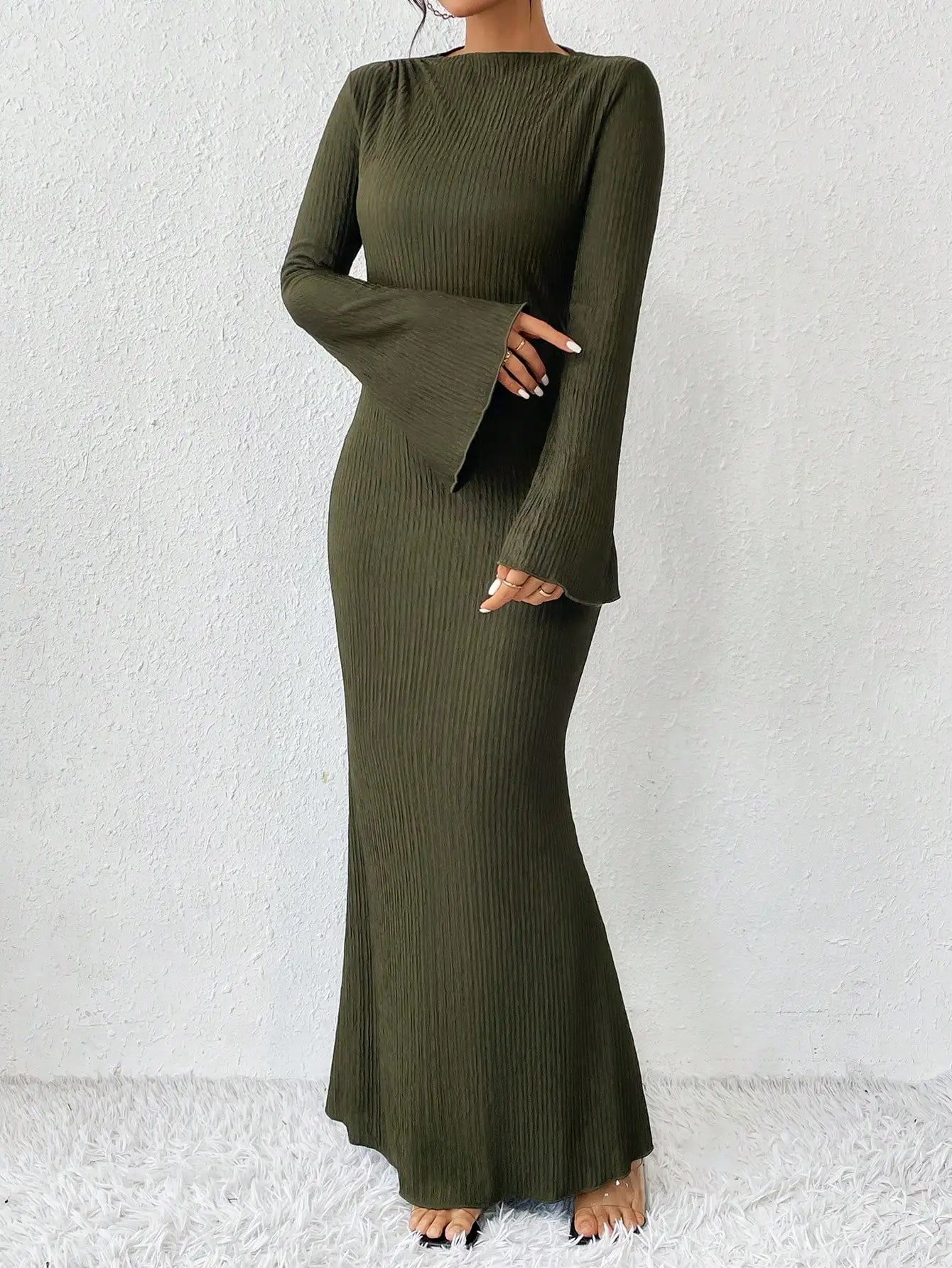 Solid Flare Sleeve Mermaid Dress, Elegant Crew Neck Floor Length Slim Dress, Women'S Clothing