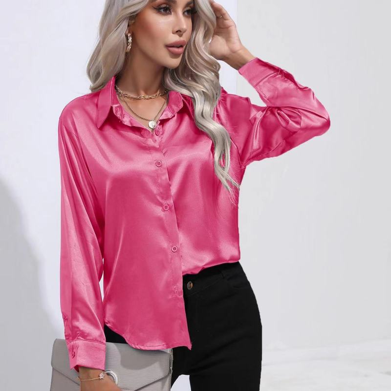 Long Sleeve Button-Down Satin Blouse