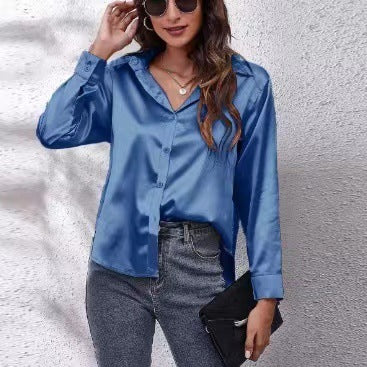 Long Sleeve Button-Down Satin Blouse