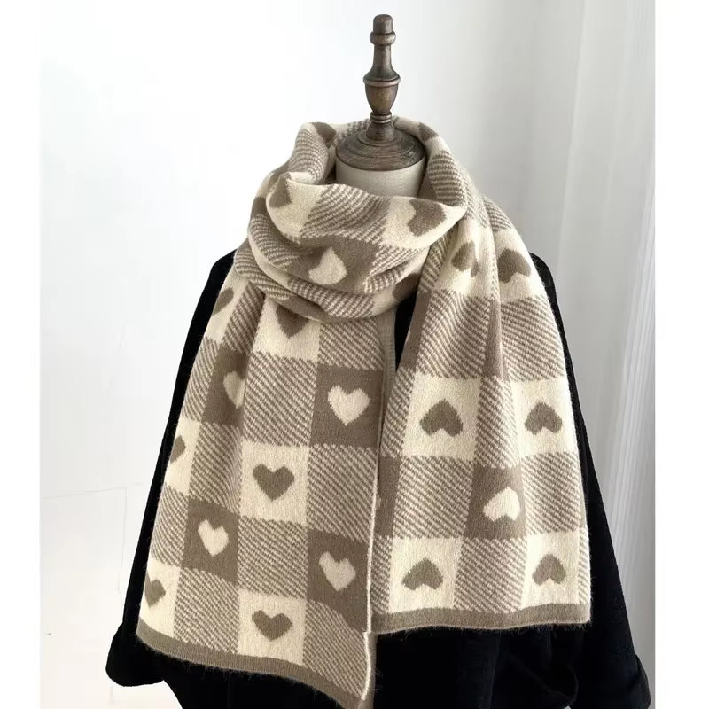 Knitted Scarf Love Heart Scarf Black White Plaid Scarf Thickened Warm Winter Women'S Scarves Christmas New Year Gifts Black