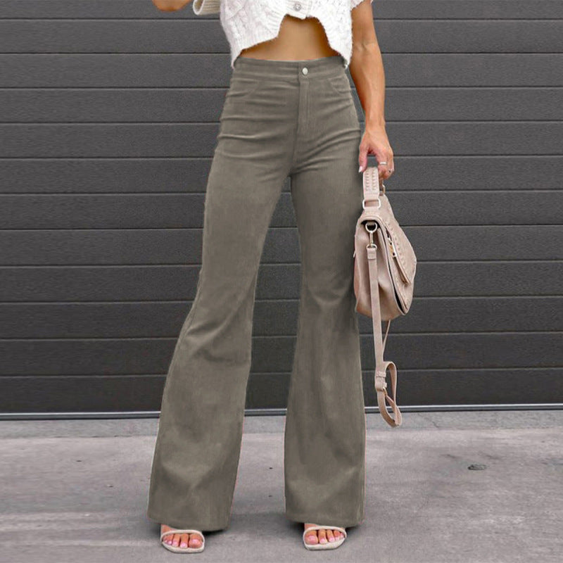 Women's spring new solid color corduroy casual pants high waist temperament micro cropped pants long button