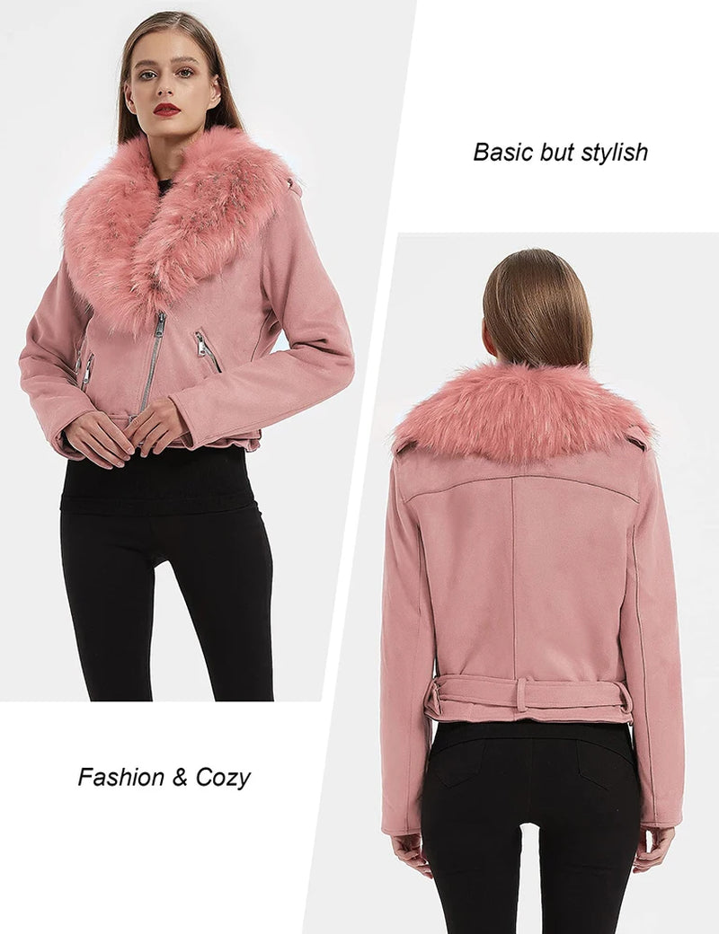 Spring Winter Women Thick Warm Faux Suede Leather Jacket Short Coat with Belt Detachable Faux Fur Collar Jacket Outwear