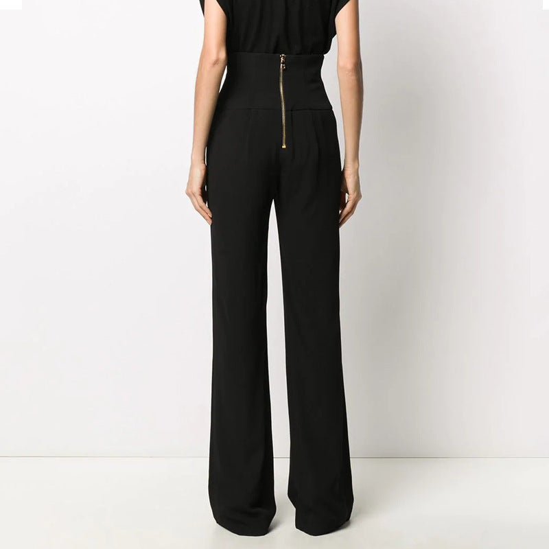 Black Wide-Leg Long Casual Pants