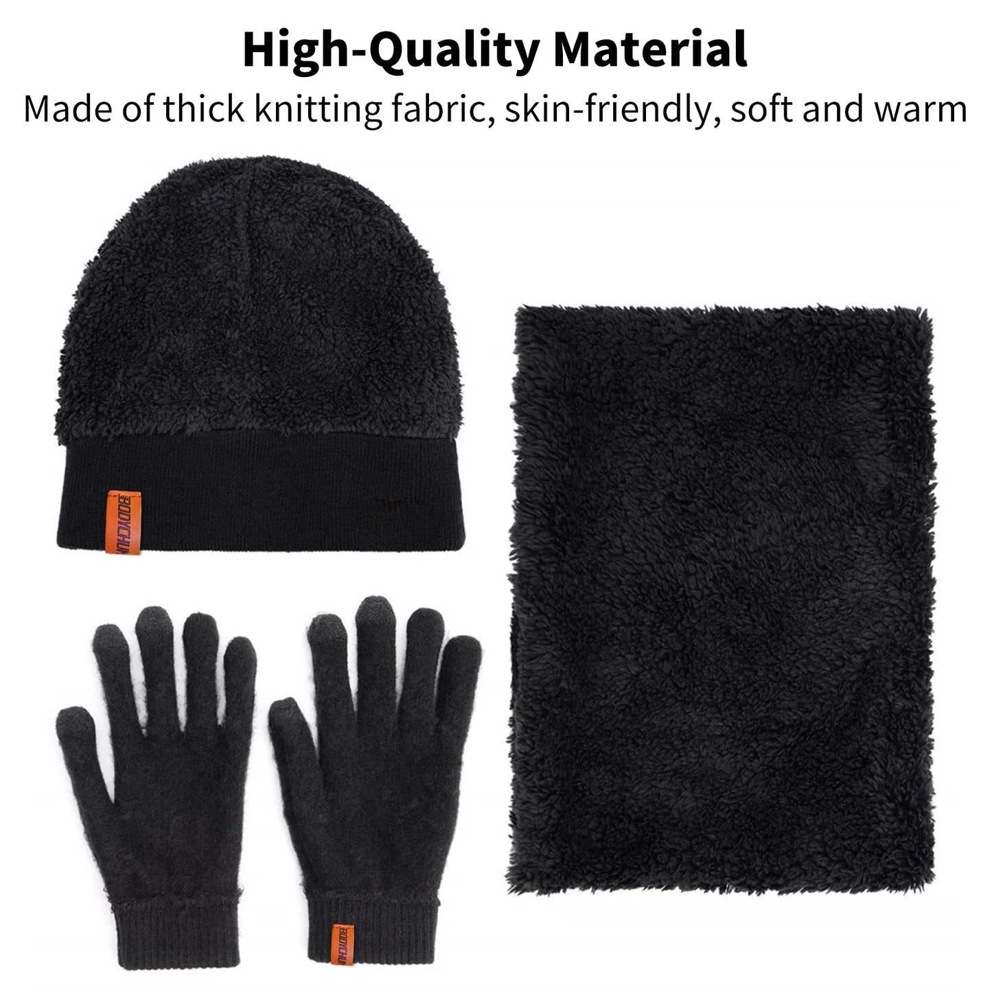 Beanie Hat Scarf Touchscreen Gloves Set for Men Women, Knitted Gloves Neck Warmer with Warm Fleece Lined for Winter Outdoor Skiing Cycling, Black, Christmas Day Gifts