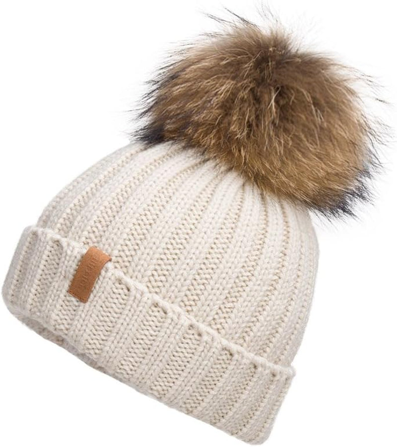 Womens Knit Beanies Hats with Fur Pom Bobble Hat Skull Cap Cable Beanie for Women