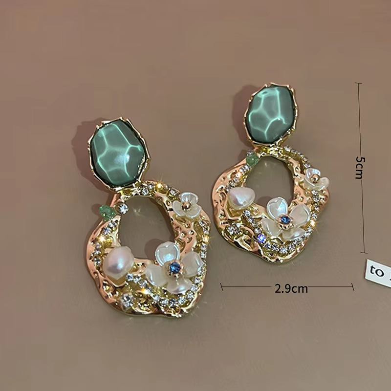 Aesthetic Zircon Flower Hanging Earrings for Women Gold Color Big Drop Women'S Earrings Party 2023 Trending Jewelry Gift