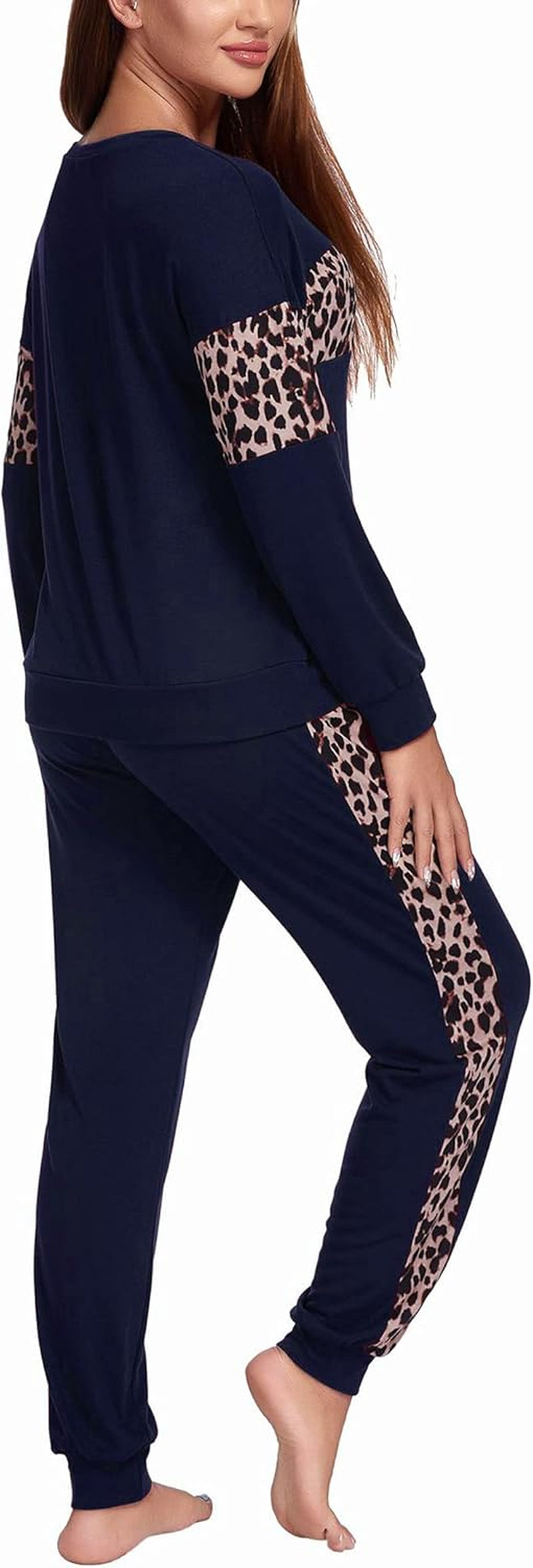 Women Pajamas Sets Long Sleeve Sleepwear Tops with Long Pants Soft Loungewear Pj Set Navy Blue XL