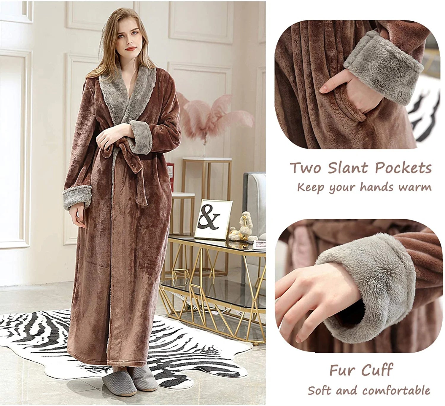 Womens Fleece Robes Long Plush Soft Warm Flannel Spa Bathrobe for Women Ladies Sleepwear (Coffee, L)