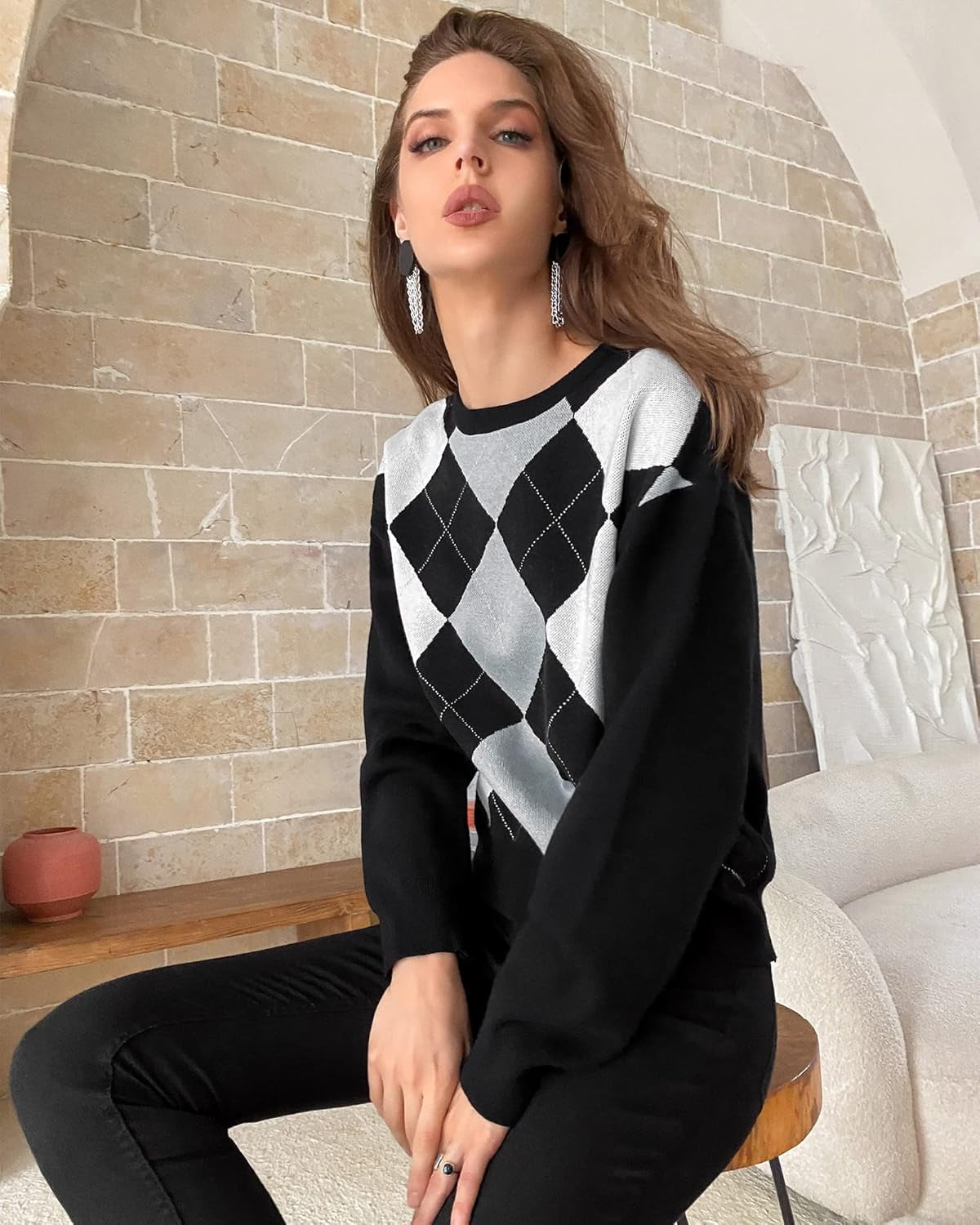 Women/Teen Girls Trendy Argyle Plaid/Heart Knitted Sweater Pullover Long Sleeve Soft Stretchy Winter Valentine