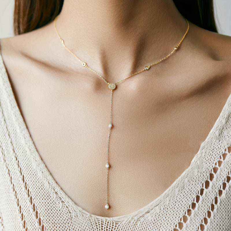 Inlaid zircon pendant Y shape long fringe necklace elegant fashion commuter jewelry women