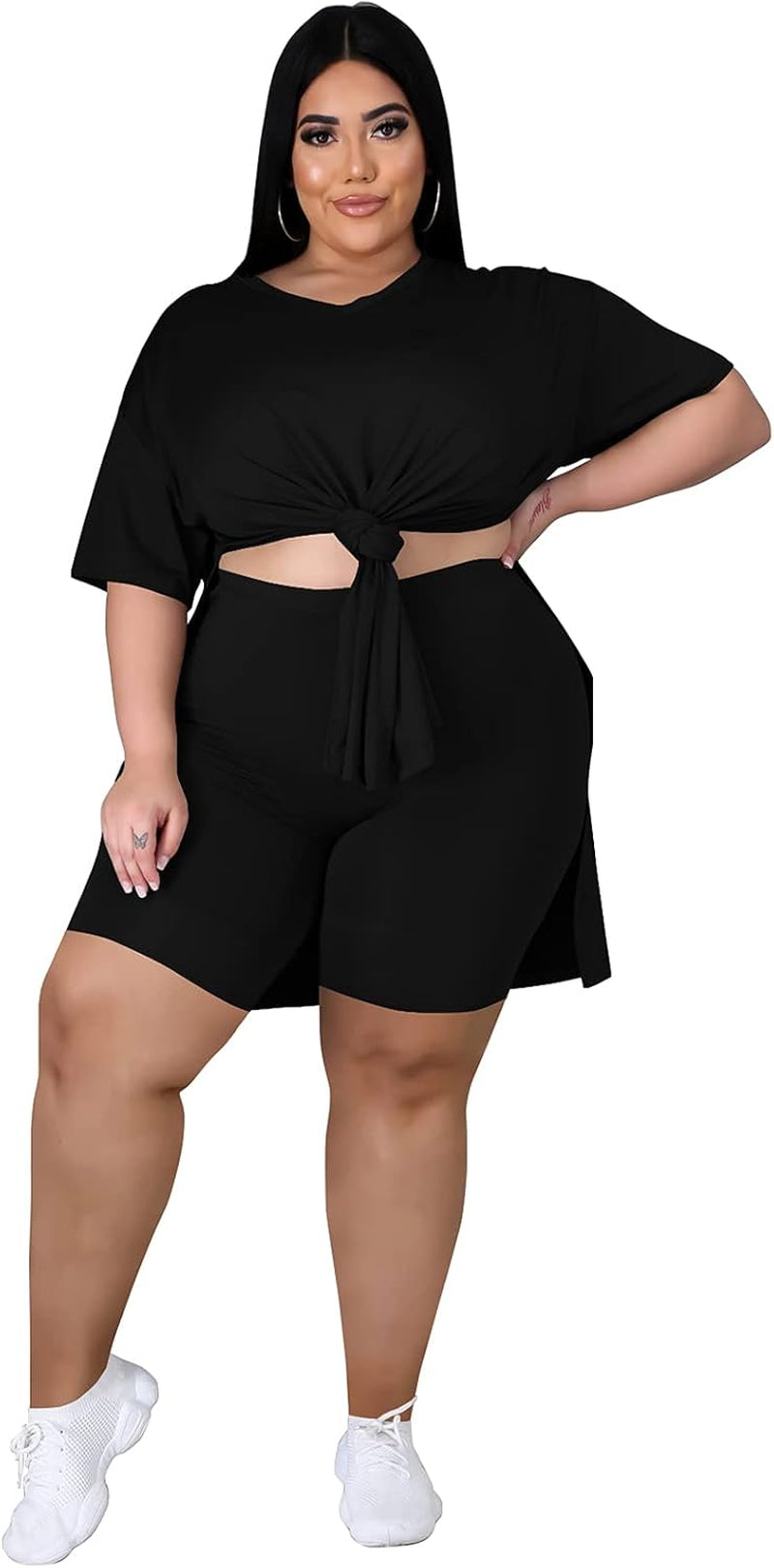 Plus Size Short Sets Women 2 Piece Outfits Side Split Short Sleeve Oversize Tunics T Shirt Bodycon Casual Sweatsuit Loungewear Set