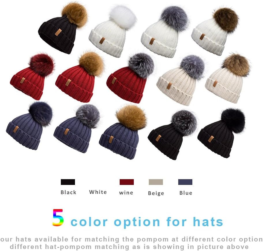 Womens Knit Beanies Hats with Fur Pom Bobble Hat Skull Cap Cable Beanie for Women