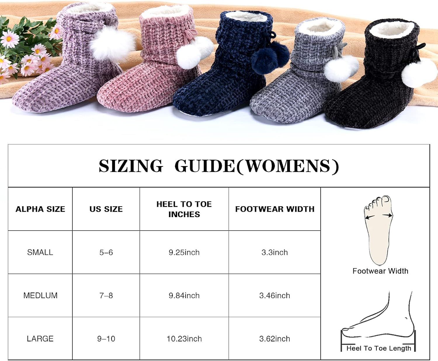 Chenille Knit Womens Bootie Slippers with Cute Pom Pom,Comfy Winter Warm Plush Lining House Shoes,Indoor Boot Slippers for Women