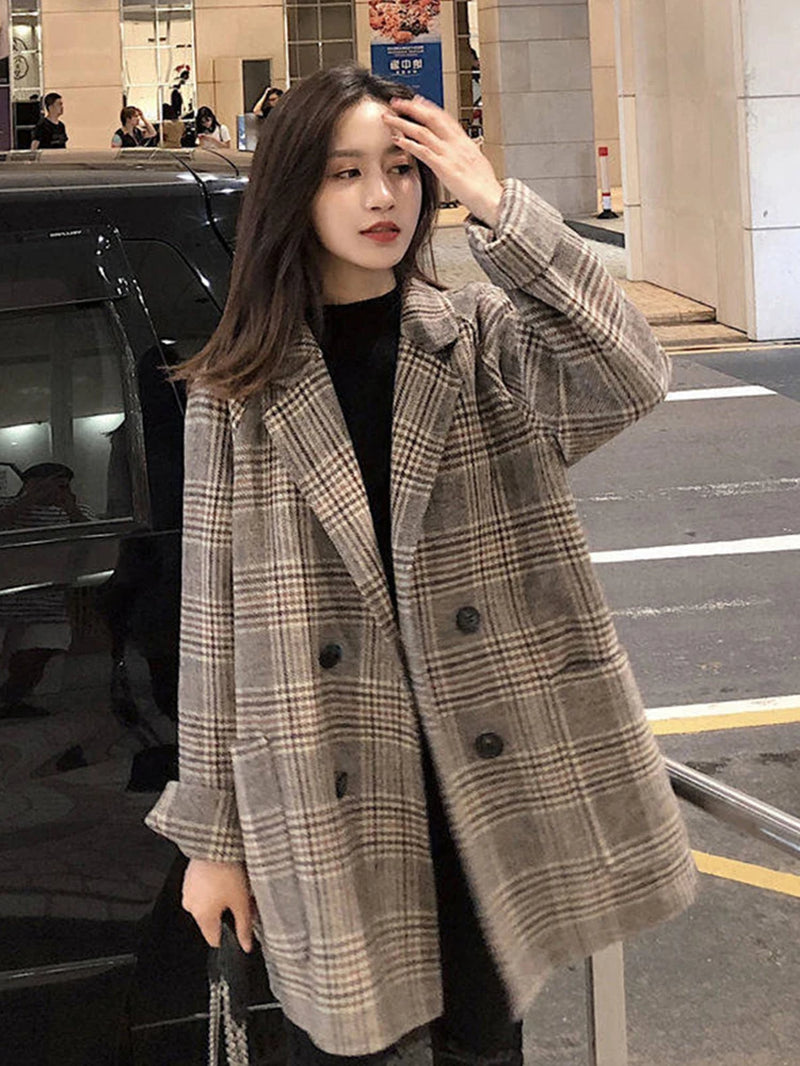 Loose Plaid Woolen Coat for Women Fashion Lapel Slim Women'S Jackets 2020 Korean Women'S Autumn Coat Woman Clothing