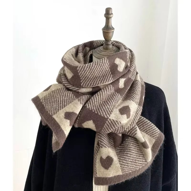 Knitted Scarf Love Heart Scarf Black White Plaid Scarf Thickened Warm Winter Women'S Scarves Christmas New Year Gifts Black